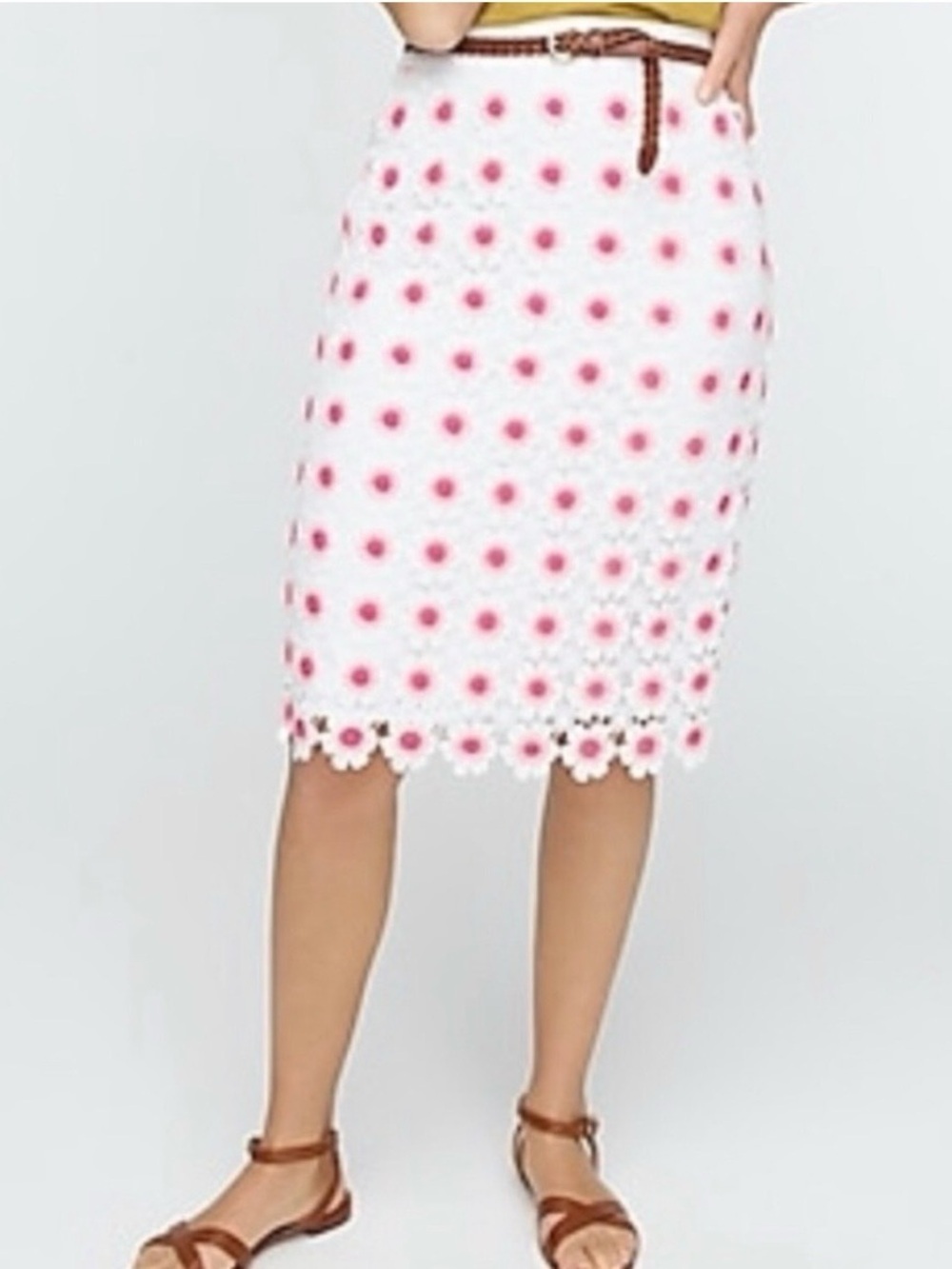 J Crew Floral Crochet Pencil Skirt White Pink 14